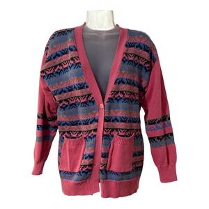 Boho Cottagecore Artsy Geometric Pattern Button Up Cardigan Sweater Women's M